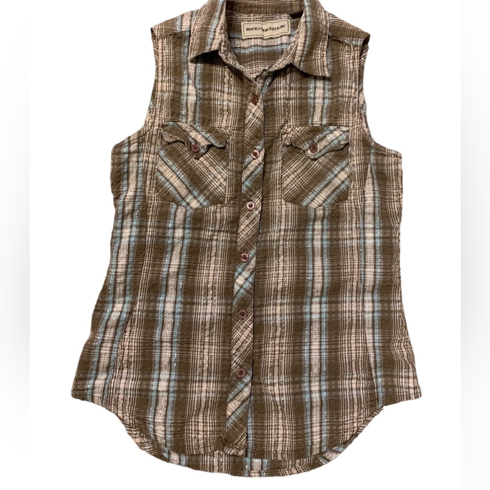 Bit & Bridle Brown Plaid Sleeveless Button-Down Shirt with Light Blue Stripes